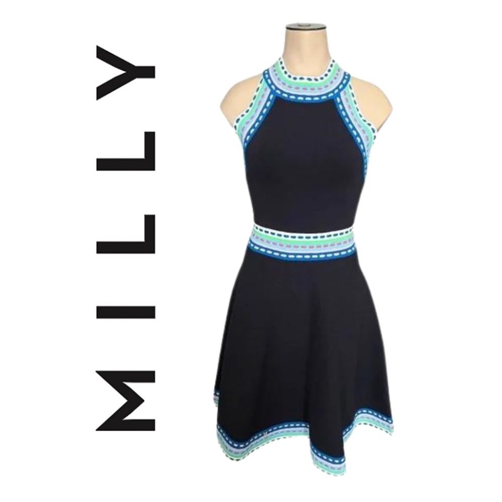 Milly Woven Trim Scoop Flare Dress Navy Turquoise Blue Pink // Small